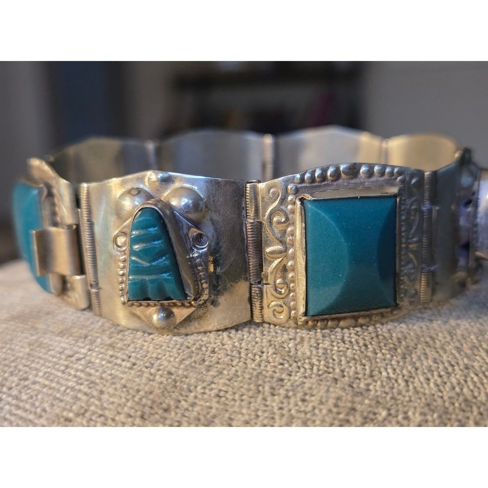 TAXCO Panel Green Onyx Bracelet Mexico 925 Sterling Carved  Heads 1940 Rare